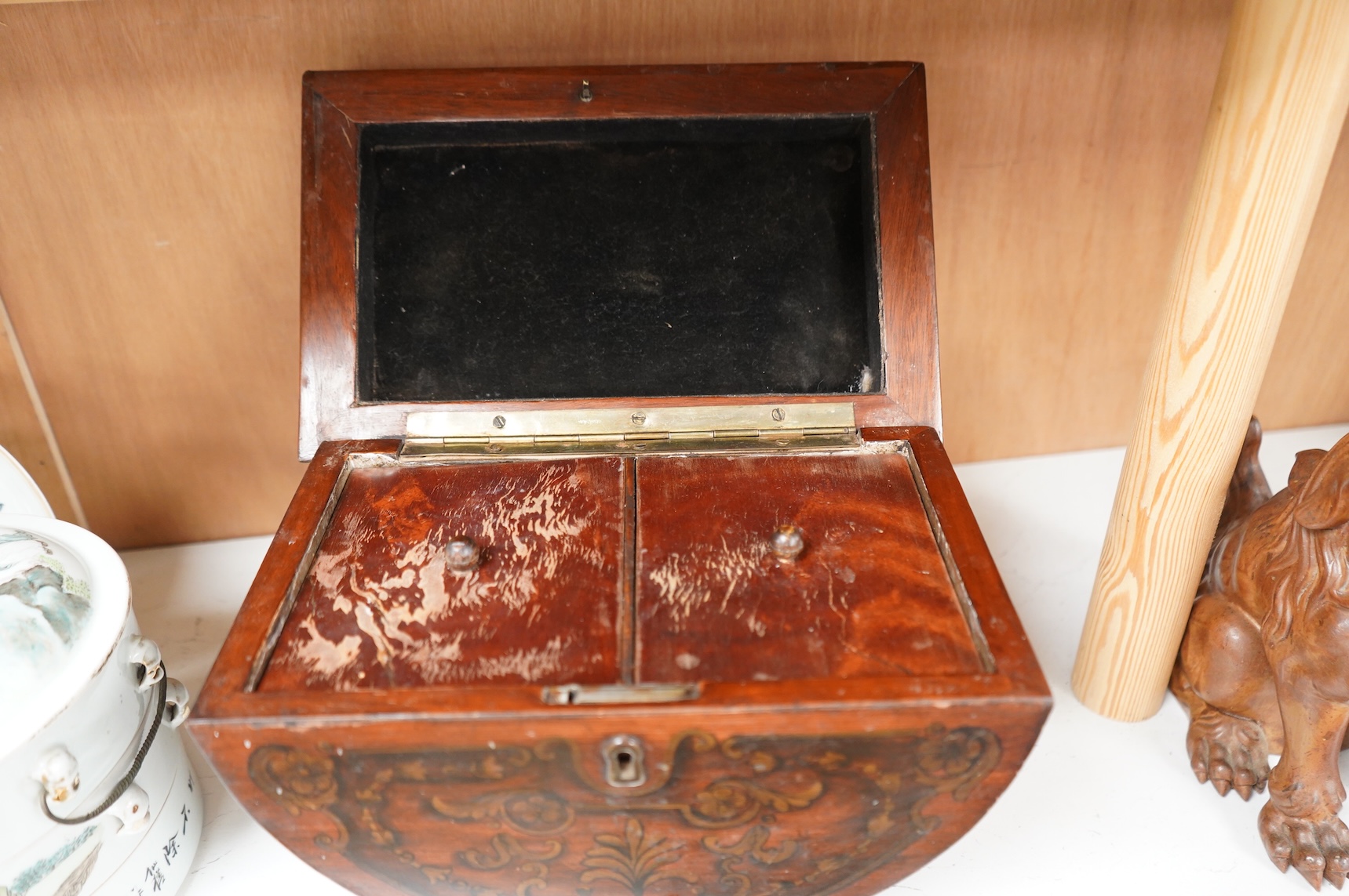 A late 19th century Grecian revival mahogany and penwork sarcophagus shaped tea caddy, 28cm wide
